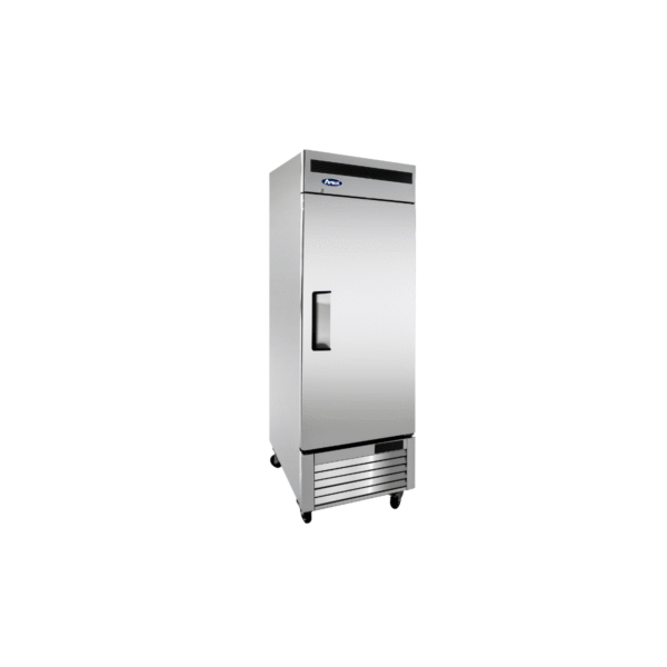 Side view stainless steel bottom-mount one-section reach-in refrigerator.
