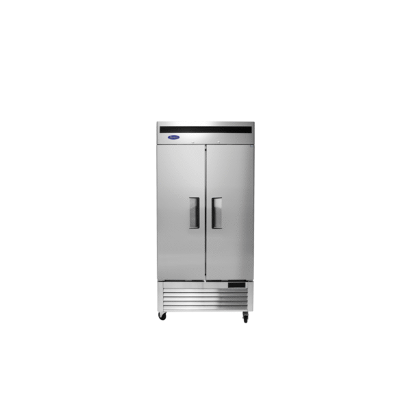 Front of closed two-section stainless steel reach-in refrigerator with bottom-mounted compressor.