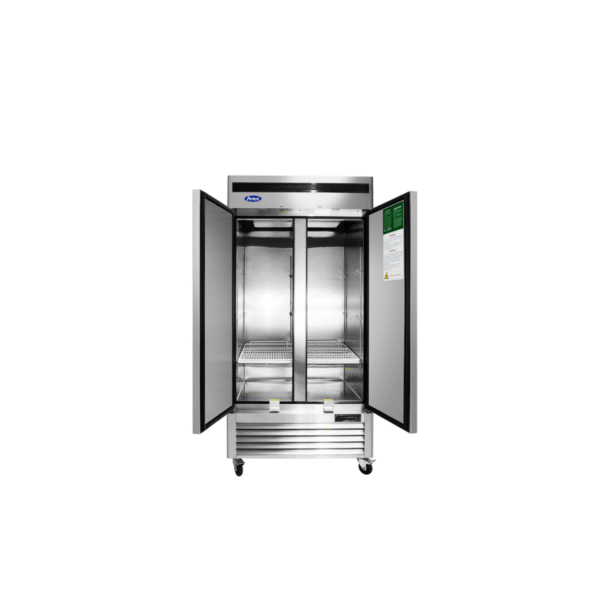 Open two-section stainless steel reach-in refrigerator with bottom-mounted compressor.