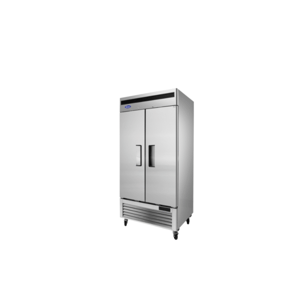 Side view of two-section stainless steel reach-in refrigerator with bottom-mounted compressor.