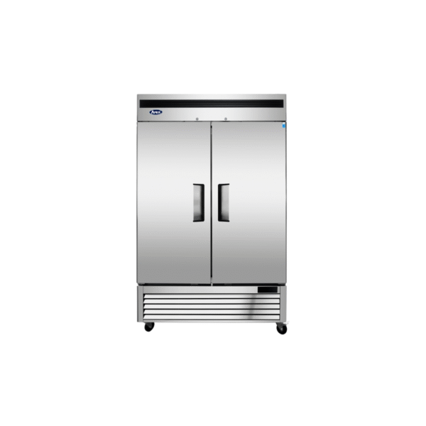 Front view of two-section reach-in refrigerator with stainless steel finish.