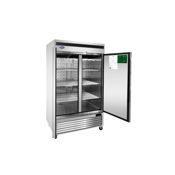Open two-section reach-in refrigerator with stainless steel finish.