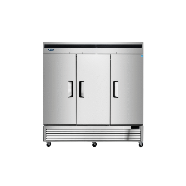 Front view of three-section reach-in refrigerator with stainless steel construction.