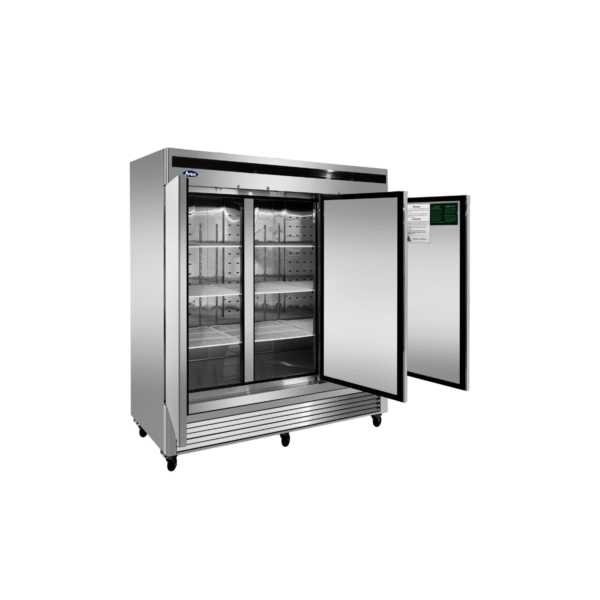 Open three-section reach-in refrigerator with stainless steel construction.