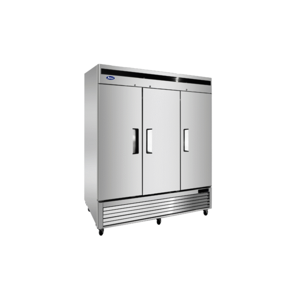 Sive view of three-section reach-in refrigerator with stainless steel construction.