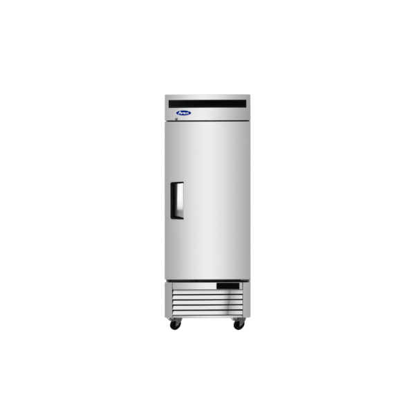 Stainless steel one door commercial freezer.