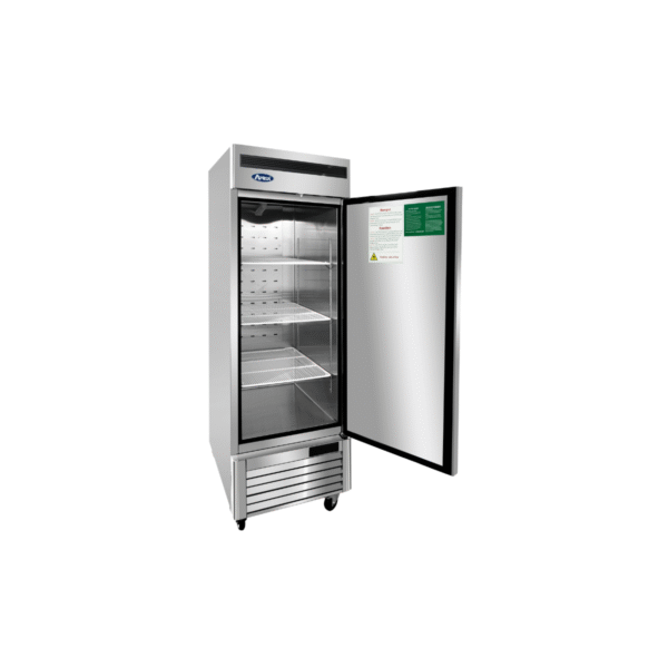 Open stainless steel one door commercial freezer.