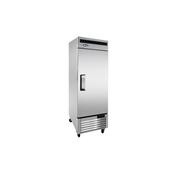 Side view stainless steel one door commercial freezer.