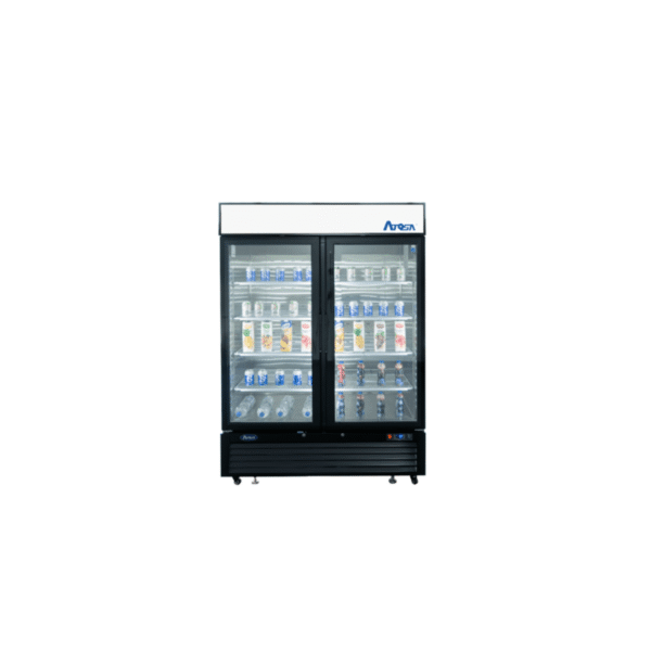 54-inch glass door freezer with black exterior.