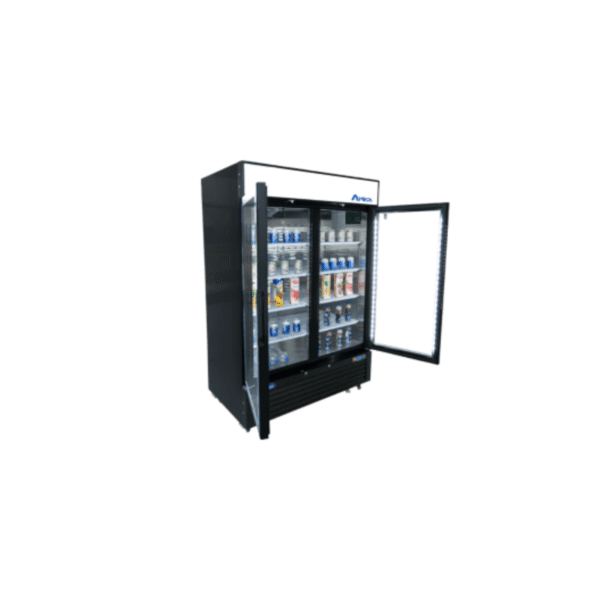 Open 54-inch glass door freezer with black exterior.