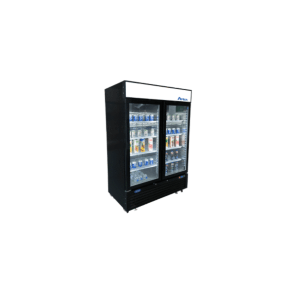 Side view of 54-inch glass door freezer with black exterior.