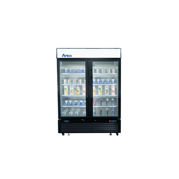 Front two-section 54-inch glass door refrigerator with black exterior.