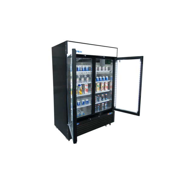 Open two-section 54-inch glass door refrigerator with black exterior.