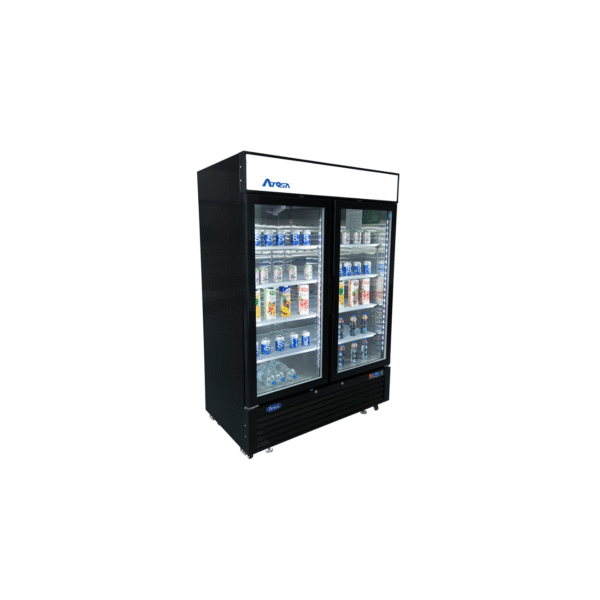 Side view two-section 54-inch glass door refrigerator with black exterior.