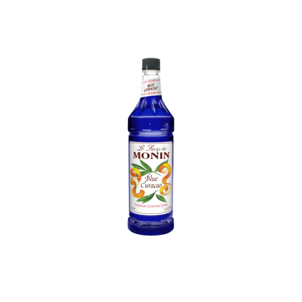 Bright blue bottle of Blue Curacao Syrup.