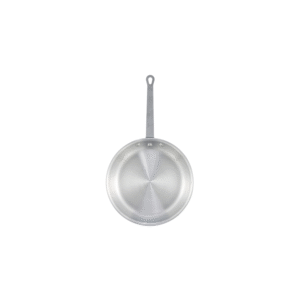10 inch aluminum fry pan with contoured edge and riveted handle.