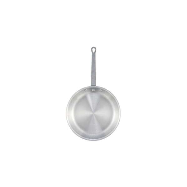10 inch aluminum fry pan with contoured edge and riveted handle.