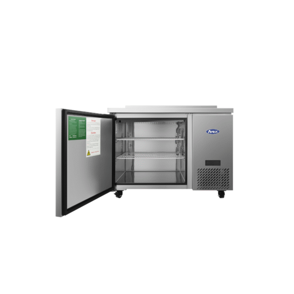 Open stainless steel 27" worktop freezer with backsplash.