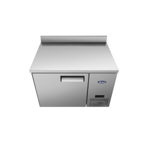 Top view stainless steel 27" worktop freezer with backsplash.
