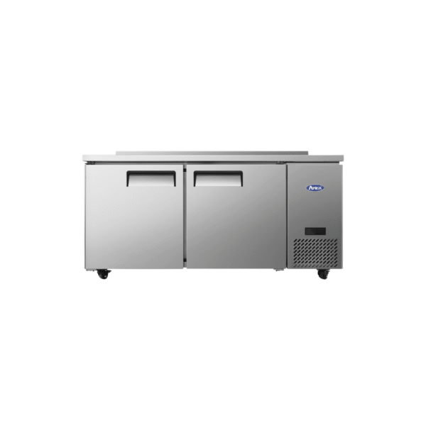 Front 67" stainless steel worktop refrigerator with two doors.