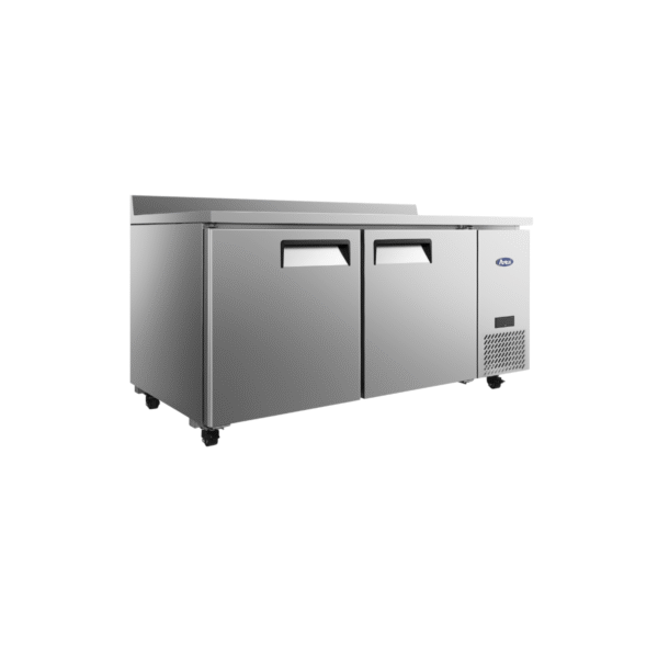 Side view 67" stainless steel worktop refrigerator with two doors.