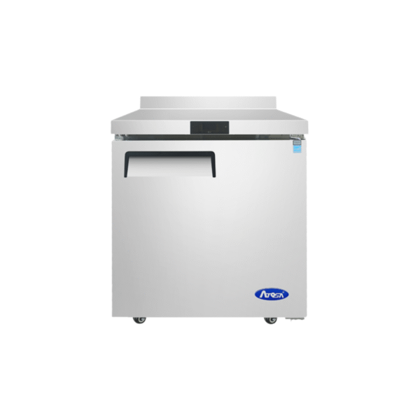 27-inch stainless steel worktop refrigerator with backsplash.