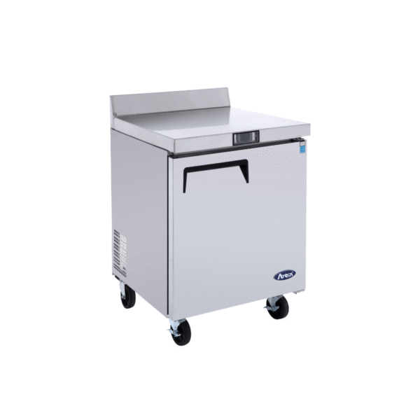 Side view of 27-inch stainless steel worktop refrigerator with backsplash.