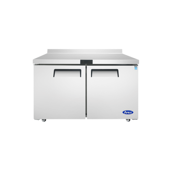 48-inch stainless steel worktop refrigerator with backsplash.