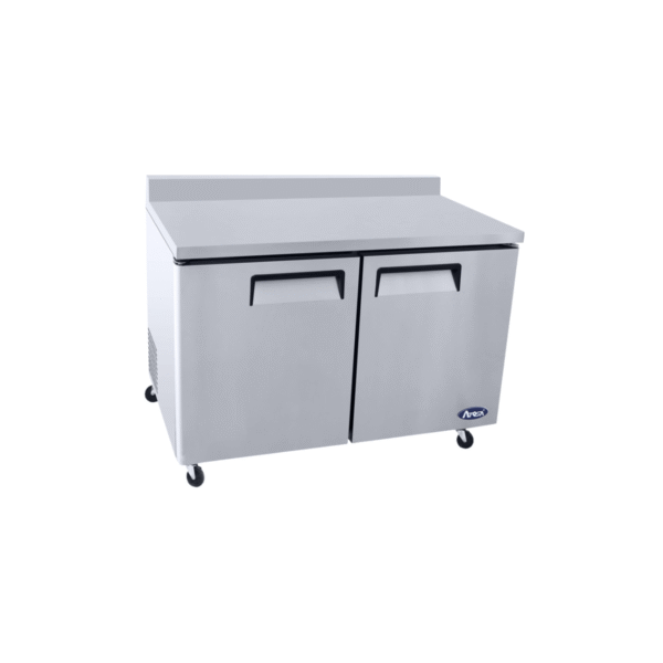 Top view of 48-inch stainless steel worktop refrigerator with backsplash.