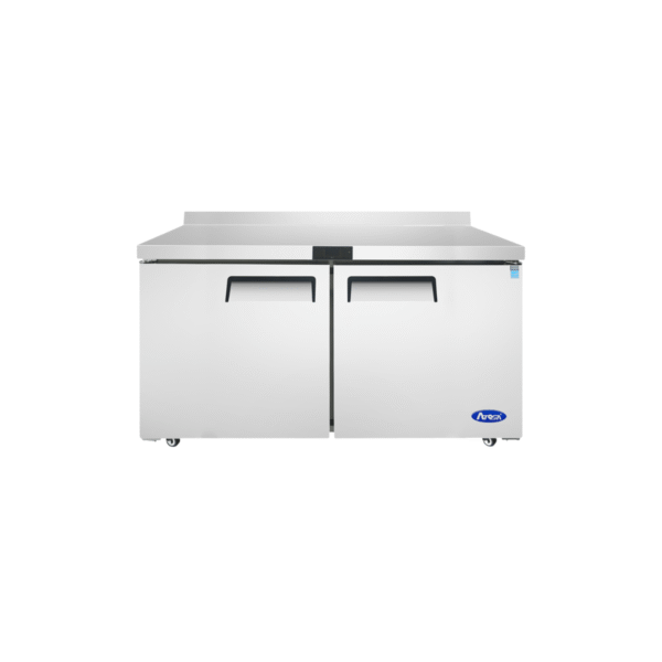 60-inch stainless steel worktop refrigerator with backsplash.