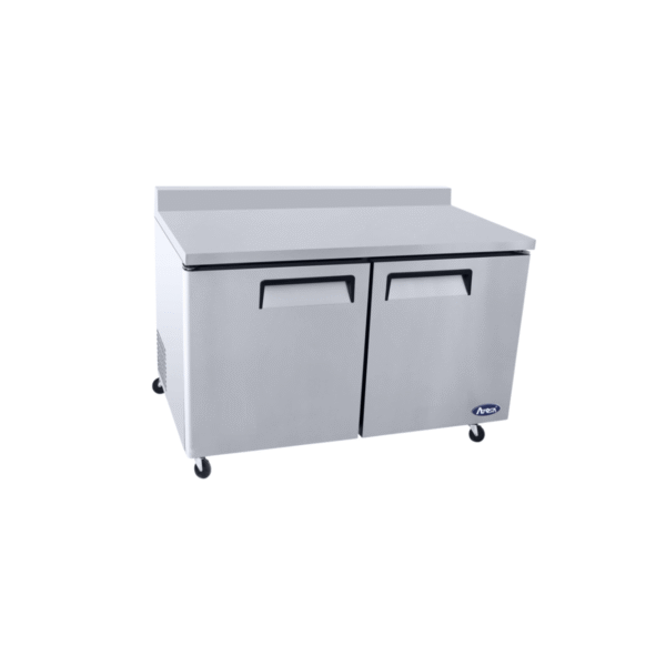 Top view of 60-inch stainless steel worktop refrigerator with backsplash.