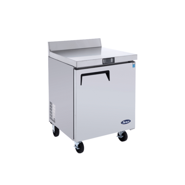 Side view 27" stainless steel freezer counter with backsplash.