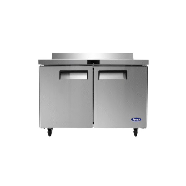 Front 48" stainless steel freezer counter with backsplash.