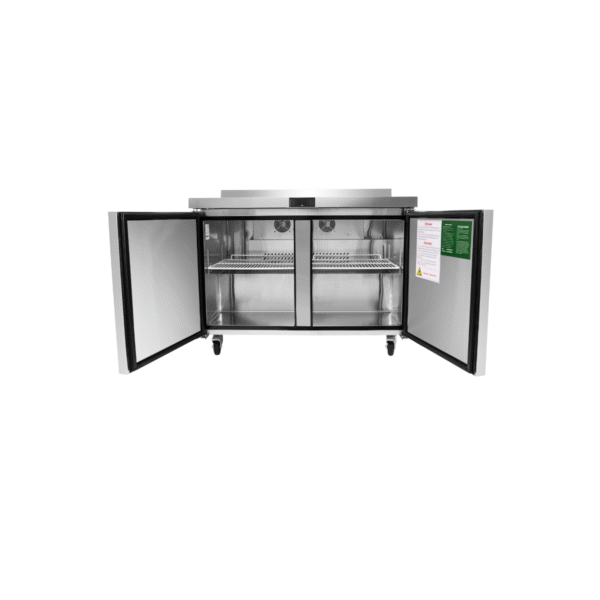 Open 48" stainless steel freezer counter with backsplash.