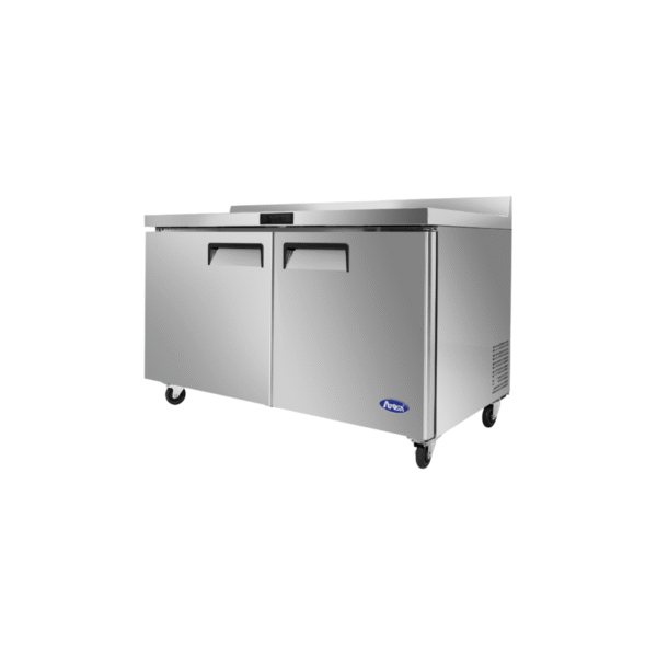 Side view 48" stainless steel freezer counter with backsplash.