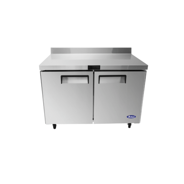 Top 48" stainless steel freezer counter with backsplash.