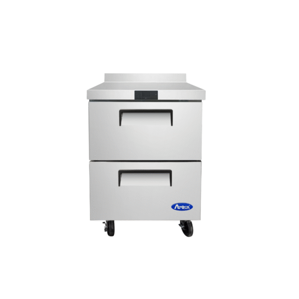 27" stainless steel worktop freezer with two drawers.
