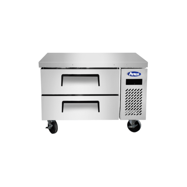 Front view 36-inch stainless steel chef base with drawers.
