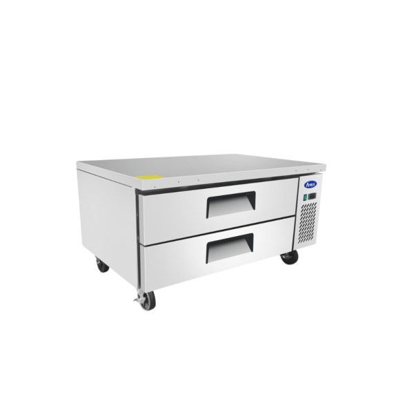 Side view 36-inch stainless steel chef base with drawers.