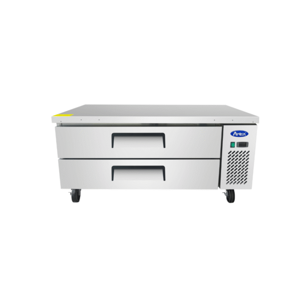 Front 48-inch refrigerated chef base with stainless steel drawers.