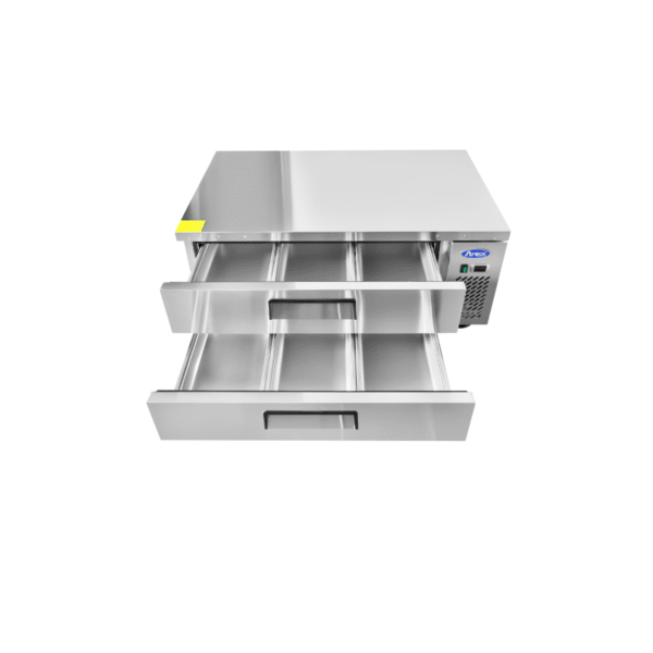 48-inch refrigerated chef base with open stainless steel drawers.