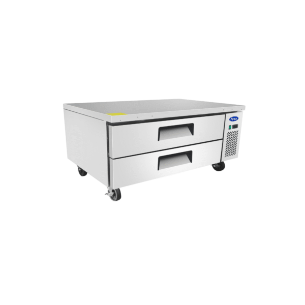 Side view 48-inch refrigerated chef base with stainless steel drawers.
