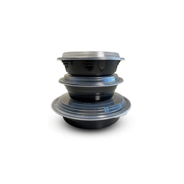 Stack of round black plastic takeout containers with lids.