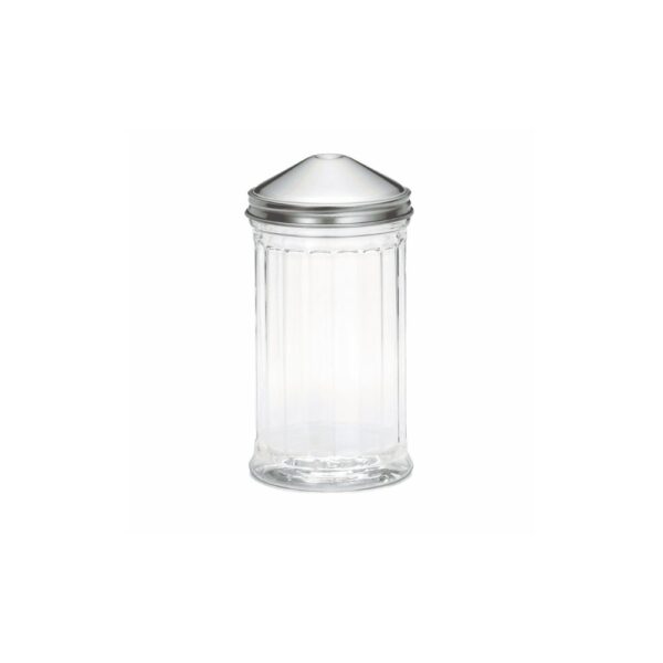 Fluted plastic shaker with stainless steel center-pour lid.