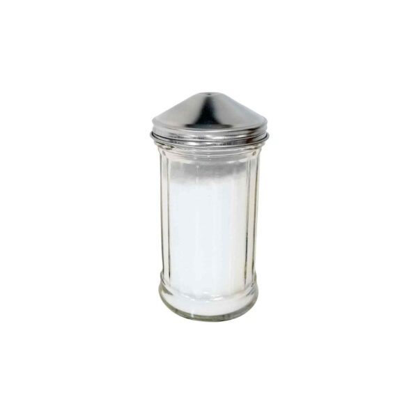 Full fluted plastic shaker with stainless steel center-pour lid.