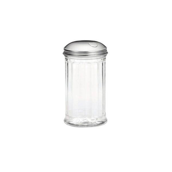 12 oz fluted plastic shaker with stainless-steel side-flap top.