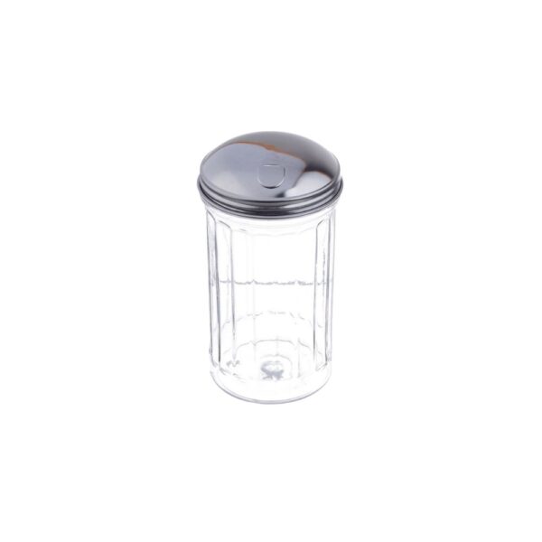 12 oz fluted plastic shaker with stainless-steel side-flap top.