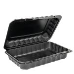 Open plastic black take out container.